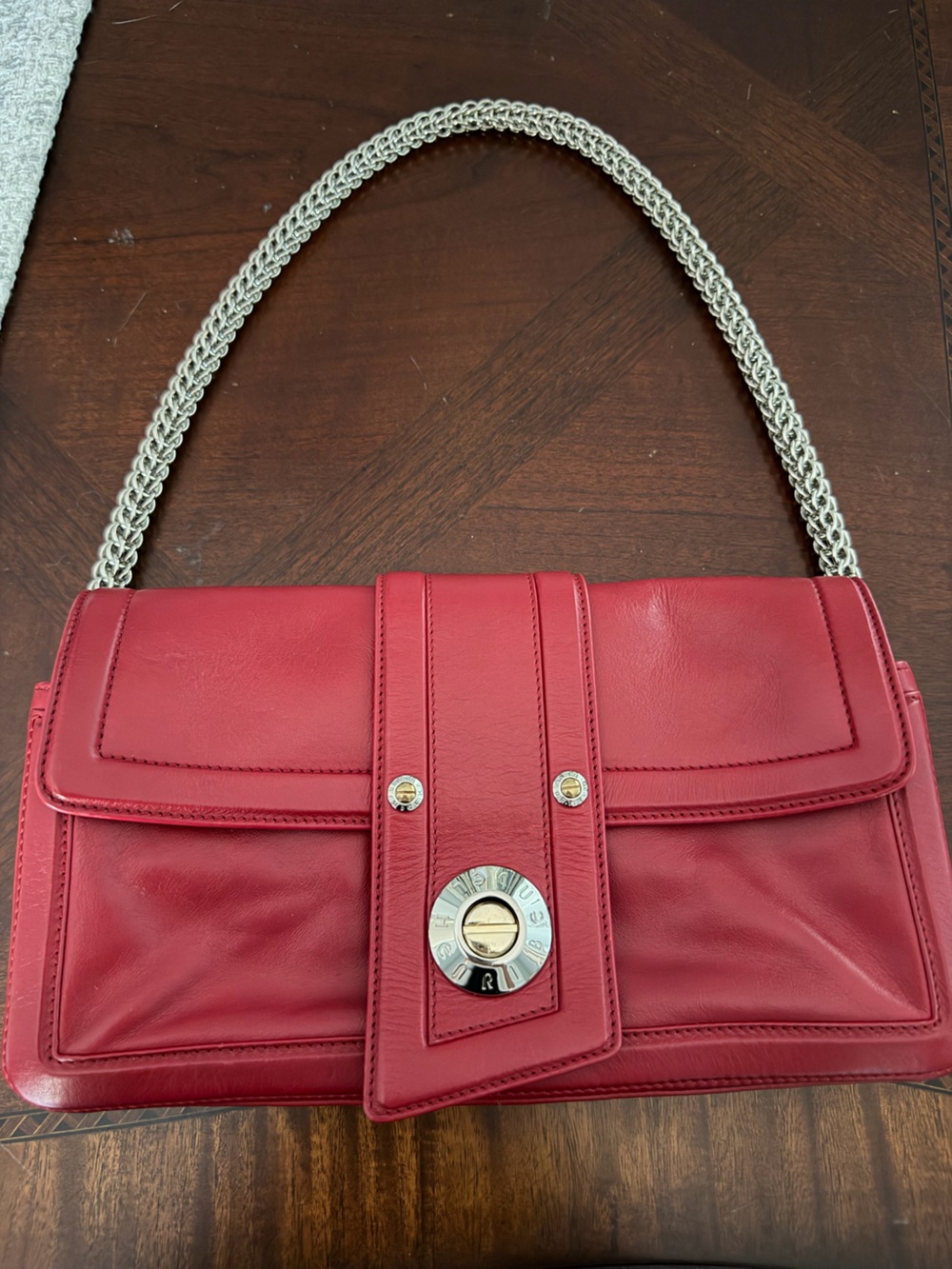 Henri Bendel Safiano Red Leather Clutch Shoulder Bag with Silver Chain Strap